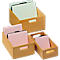 Three wooden boxes with pink and green notepads, with black handle.