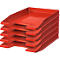 A red plastic letter tray stack with four compartments. The trays are slightly rounded.