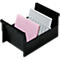 Black memo pad holder with pink, ruled memo pads and gray divider.