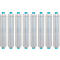 Eight white water filters with turquoise tops. The filters are arranged in a row, slightly transparent.