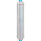 Cylindrical, white water filter with turquoise end pieces.