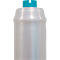 Roll of transparent plastic wrap with turquoise green closure, close up.