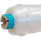 Close-up of a roll of transparent material with a blue ring and a notched recess.