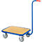 Blue painted transport cart with wooden plate and red handle. Four grey wheels.