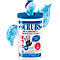 Eine Dose SCRUBS Handreinigungstücher mit herausragenden blauen Tüchern. Aufschrift: IN-A-BUCKET, Waterless Hand Cleaner, 15 Tücher.