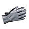 Grijze werkhandschoenen, met zwarte details. De zoom is wit. Op een witte achtergrond.