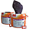 Twee oranje containers met een paarse reinigingspad, met 3M Scotch-Brite.