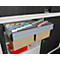 Gray filing cabinet with open drawers full of folders. Different colored tabs identify documents.