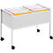 White, rolling file cabinet with open file folders. The folders have colorful tabs.