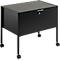 Black file cabinet with wheels. It has a lockable drawer and a lid.