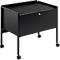 Black, rectangular grill cart with wheels, handle and grill grate, freestanding.
