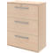 Beige file cabinet with three drawers, grey handles, and a lock.