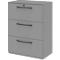 Gray filing cabinet with three drawers. Each drawer has a curved handle. The cabinet has a lock.