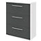 Gray three-drawer filing cabinet with silver handles. The cabinet is bordered in white.