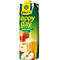 Rauch Happy Day Apfelsaft-Verpackung auf grünem Hintergrund mit Apfel- und Glasabbildung.