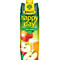 Rauch Happy Day Apfelsaft Packung mit einem ganzen Apfel und Glas Apfelsaft auf grünem Grund.