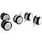 Five office chair castors, black and gray with silver pins, against a white background.