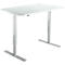 Bureau blanc réglable en hauteur, design minimaliste, avec deux pieds.