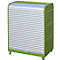 Green cabinet with roller shutter, silver-colored, small handle and lock.