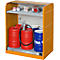 Yellow safety cabinet with doors; filled with barrels, canisters and sprays.
