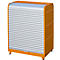 An orange cabinet with slatted doors. Standing on feet, with silver doors, handle and key.