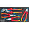 Gereedschapskist met diverse tangen. Rode en gele handvatten, waaronder HAZET en productnummers.
