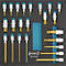 Toolbox with various screwdrivers, gold-colored tips, blue heads, and metallic handles.