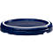 Blue, round plastic container with white rim. The container is round with vertical ribs and cutouts.