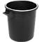 Black bucket with handle. The bucket has a cylindrical shape and a wide rim.