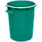Green plastic waste bin with handle. The top of the bucket is open.