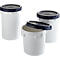 Three white buckets with dark blue lids, one of them open.