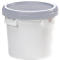 White bucket with grey lid. The lid is tightly closed and has a circumferential groove.