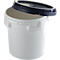 White bucket with blue lid. The lid is slightly open.