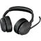 Black headset with microphone, slightly angled. Buttons and a company logo are visible on the headphones.