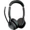 Black headset with microphone, manufacturer logo Jabra on the brackets. Buttons for volume and answering.