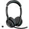 Black headphones with a microphone and USB connector. Controls are attached to the ear cups.