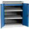Open workshop cabinet with three shelves. Blue perforated doors and silver body.
