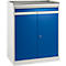White and blue workshop cabinet with drawer and two doors. There is a dark, textured shelf on top.