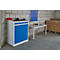 Workshop cabinet in white and blue. Tools and a red container are on the worktop.