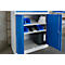 Open steel cabinet with blue bins, tools, and folders. Turquoise doors and perforated look.