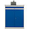 Blue cabinet with two doors, silver frame and handles.