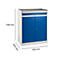 Workshop cabinet with blue doors and drawer, on a white background, with dimensions.