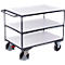 A grey serving cart with three white shelves and four wheels. It has a handle for pushing.