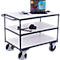 Three-tier service cart with gray frame, white shelves, and wheels, holding a laptop, camera, and phone.