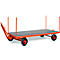 Orange cart with four wheels and a large loading area, with red rims.