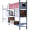 A silver shelving system filled with boxes, file folders and goods. On the top level are red boxes and a Canon package.