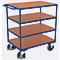 Blue serving cart with four wooden shelves. The cart has wheels and a handle.