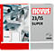 Nahaufnahme eines Heftklammern-Pakets mit Text: Novus 23/15 Super. Dazu viele Metallklammern im Hintergrund. Unten links: Maßskizze der Klammer.