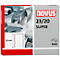 Graue Heftklammern mit rotem 20 mm Maß. Aufschrift: Novus, 23/20 SUPER, 1000 Stück.