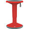 Red standing stool. Grey top and bottom, grey carrying loop, manufacturer's logo.